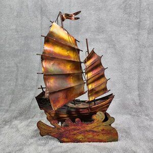 Vintage Copper Art Musical Kinetic Sailing Ship Plays Beyond the Reef Music